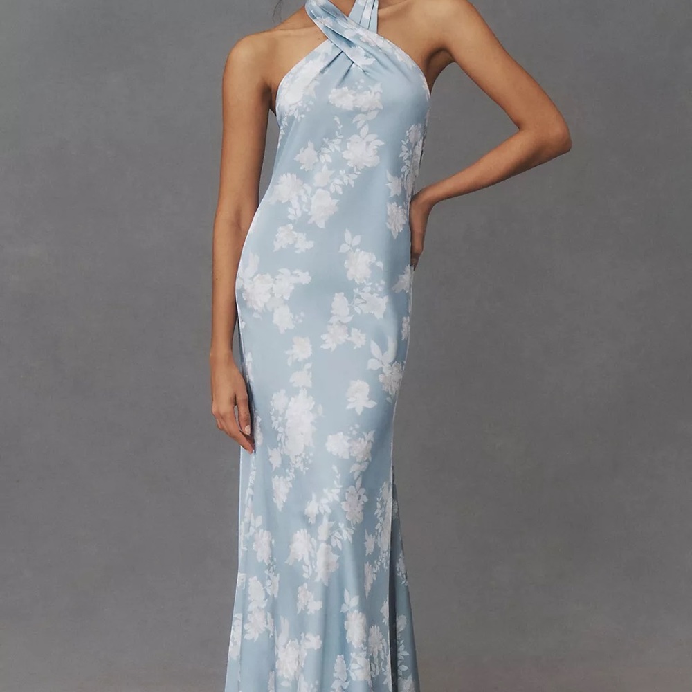 Blue Floral Halter Strapless Dress